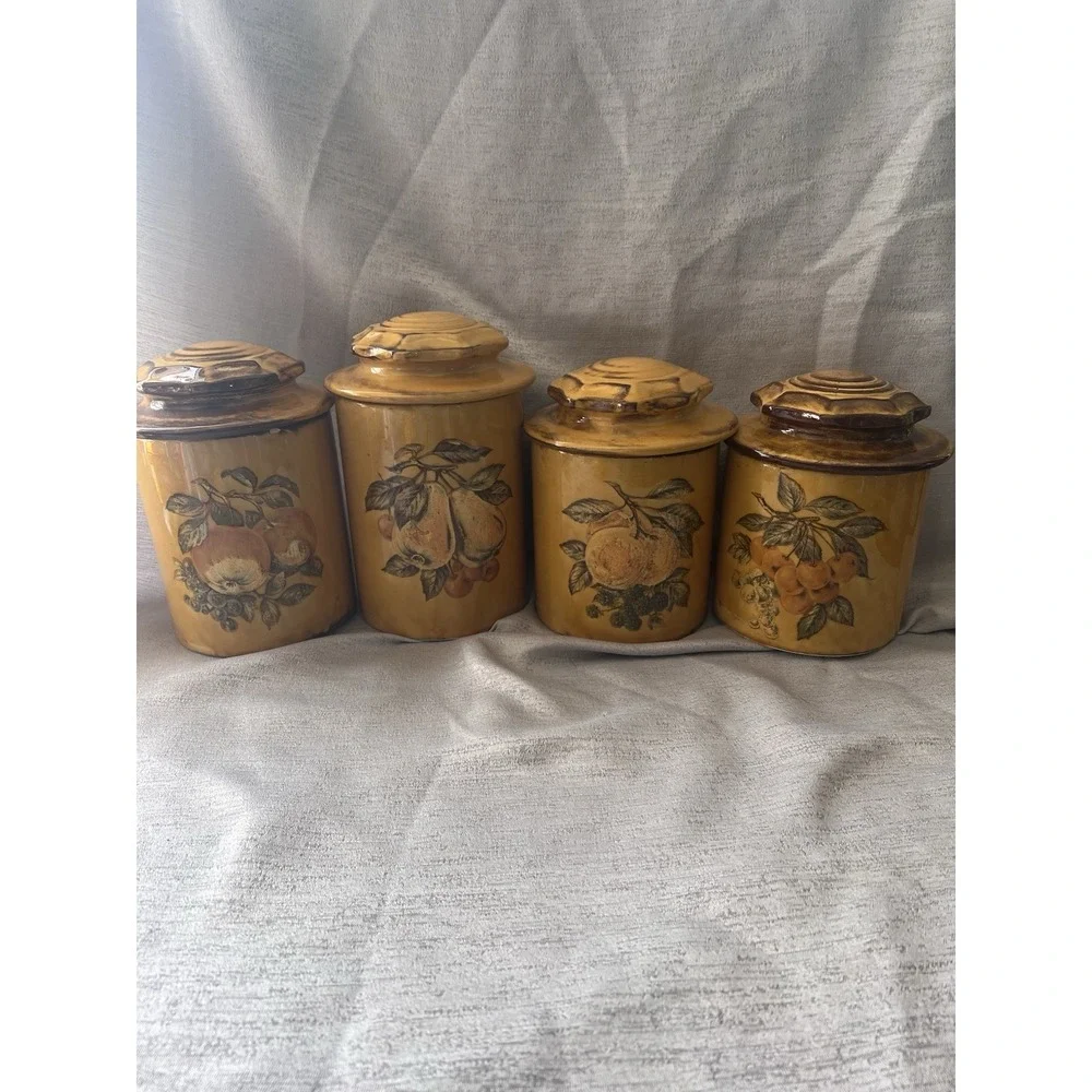 Mid-Century Canister Set W/ LIDS Harvest Gold Fruit VTG Containers Retro 1960's